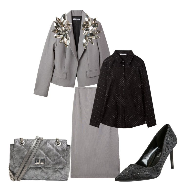 Outfit donna - Total look #2266166. Stile Chic per Serata fuori. Abbinamento con orecchini, blazer, gonne longuette, décolleté, camicie, borse a tracolla.