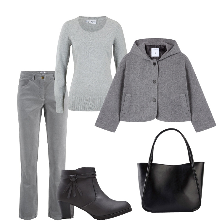 Outfit donna - In grey. Stile Casual per Tutti i giorni. Abbinamento con pantaloni, maglieria, stivaletti, shopping bag, caban.