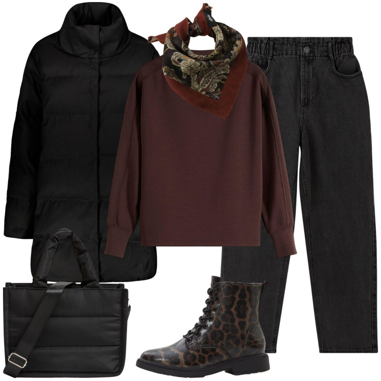 Outfit donna - Total look #2266176. Stile Basic per Tutti i giorni. Abbinamento con felpe, stivaletti, jeans, shopping bag, foulard, cappotti.