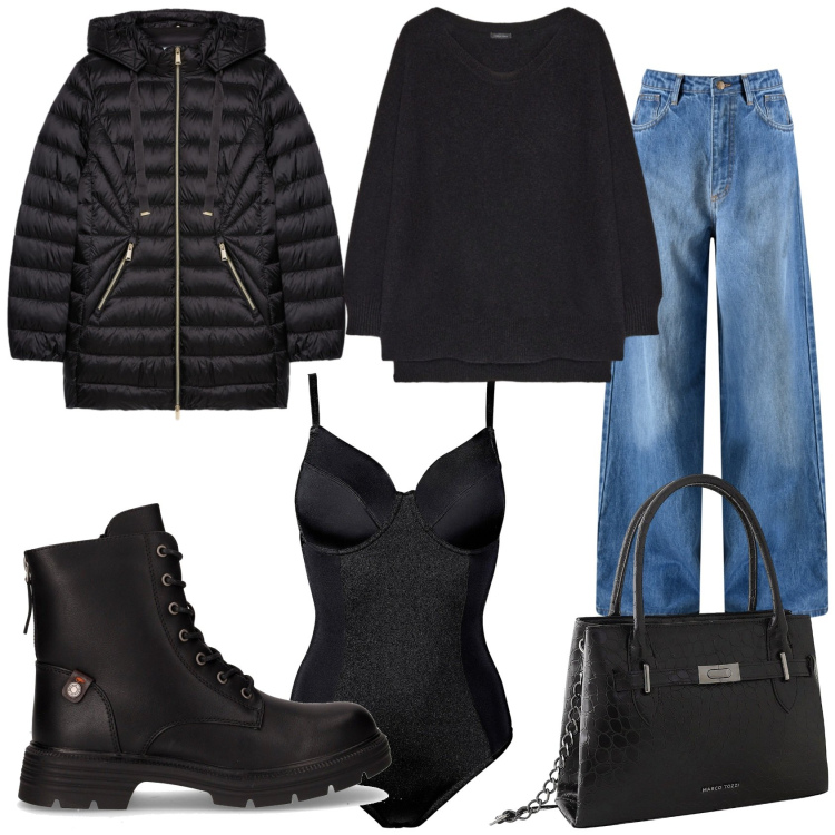 Outfit donna - Inizia il freddo in città. Stile Casual chic per Tutti i giorni. Abbinamento con body, borse a mano, jeans, pullovers, piumini, anfibi.