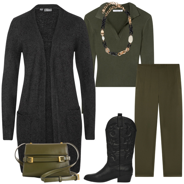 Outfit donna - Total look #2266178. Stile Casual chic per Tutti i giorni. Abbinamento con cardigans, borse a tracolla, pantaloni chino, maglieria, stivaletti texani, collane.