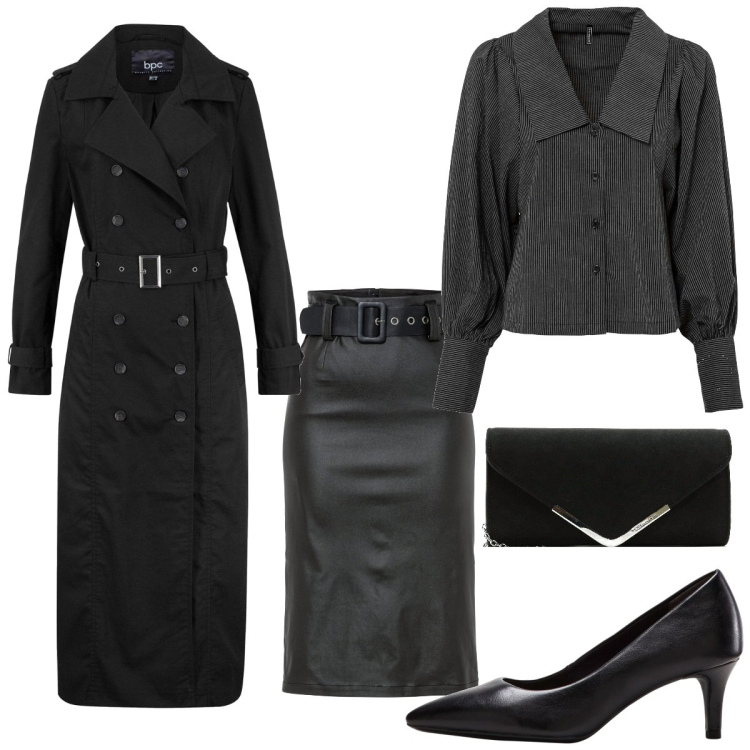 Outfit femme - Soirée en noir. Style Glamour pour Tous les jours. Assortir avec chemisiers, jupes longues, chaussures à talon, imperméable, pochette.