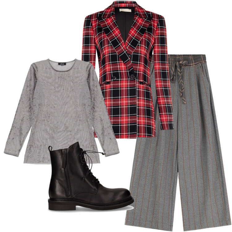 Outfit donna - Total look #2266180. Stile Chic per Serata fuori. Abbinamento con blazer, pantaloni a palazzo, t-shirt, anfibi.