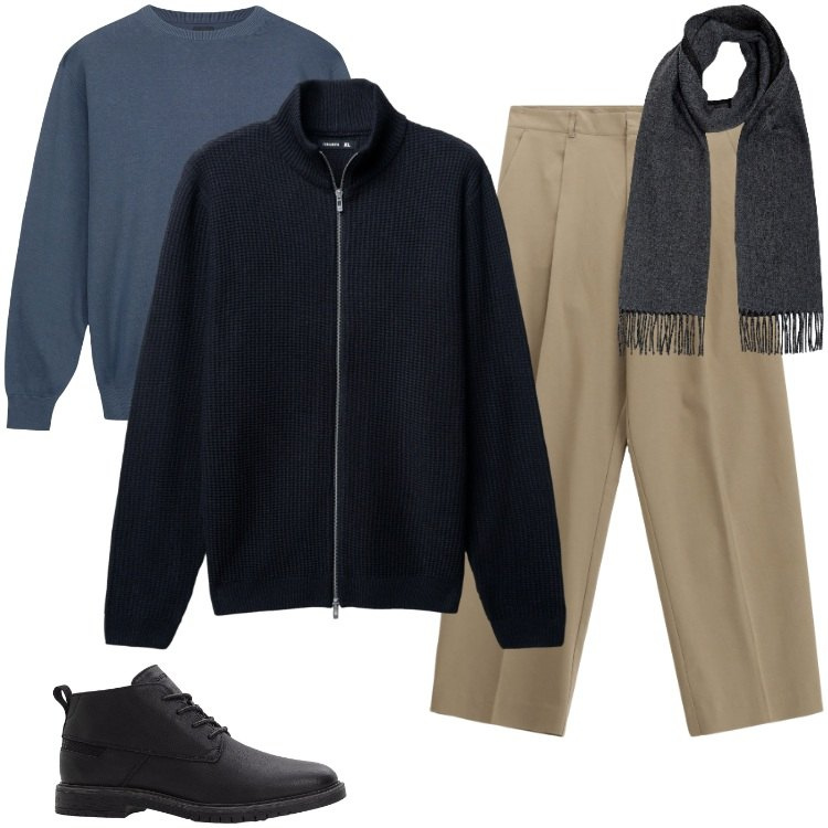 Outfit uomo - Sciarpa versatile antifreddo. Stile Trendy per Ufficio. Abbinamento con stivali e stivaletti, cardigans, pantaloni, maglieria, sciarpe.