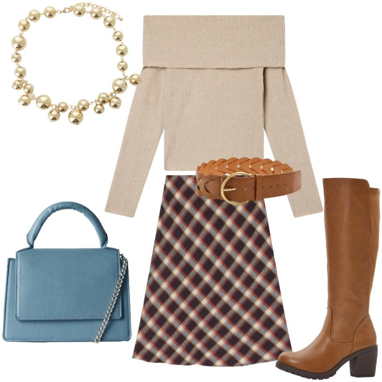 Outfit donna - Ricordi anni \'70. Stile 70s per Tutti i giorni. Abbinamento con stivali, cinture, borse a tracolla, maglieria, gonne, collane.