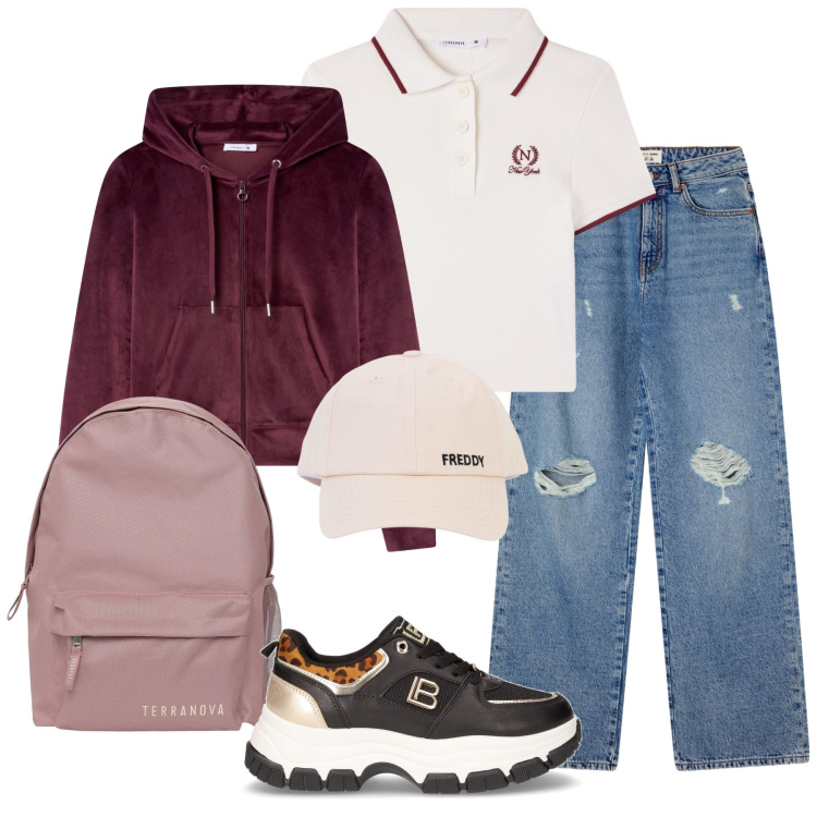 Outfit donna - Total look #2266191. Stile Basic per Scuola/Università. Abbinamento con jeans strappati, zaini, polo, felpe con cappuccio, cappelli con visiera, sneakers.