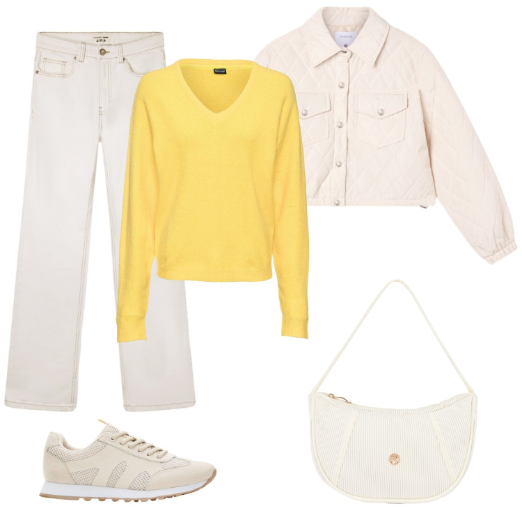 Outfit donna - Inizio autunno malinconico. Stile Trendy per Tutti i giorni. Abbinamento con maglieria, sneakers, jeans bootcut, giacche, borse a mano.