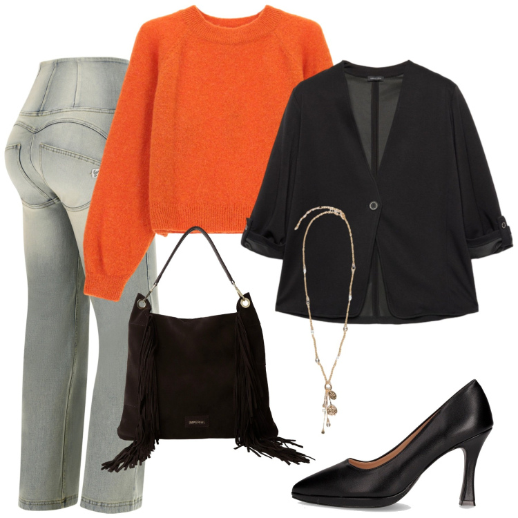 Outfit donna - Arancione a ottobre. Stile Casual chic per Ufficio. Abbinamento con maglieria, borse a spalla, jeans, décolleté, ciondoli, blazer.