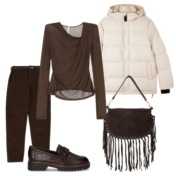 Outfit donna - Colori dell\'inverno. Stile Casual per Tutti i giorni. Abbinamento con bomber, pantaloni chino, bluse, borse a tracolla, mocassini.