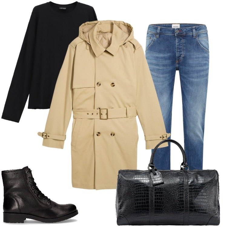 Outfit uomo - Total look #2266203. Stile Urban per Tutti i giorni. Abbinamento con jeans dritti, trench, maglieria, stivali e stivaletti, borse sportive.