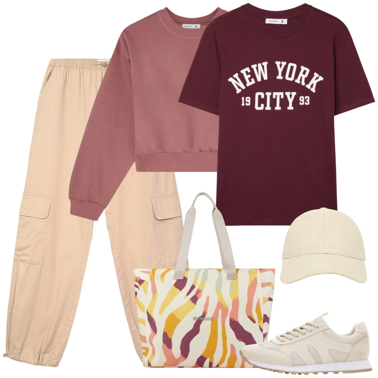 Outfit donna - Comoda a ottobre. Stile Basic per Tutti i giorni. Abbinamento con sneakers, pantaloni cargo, cappelli con visiera, t-shirt, felpe, shopping bag.