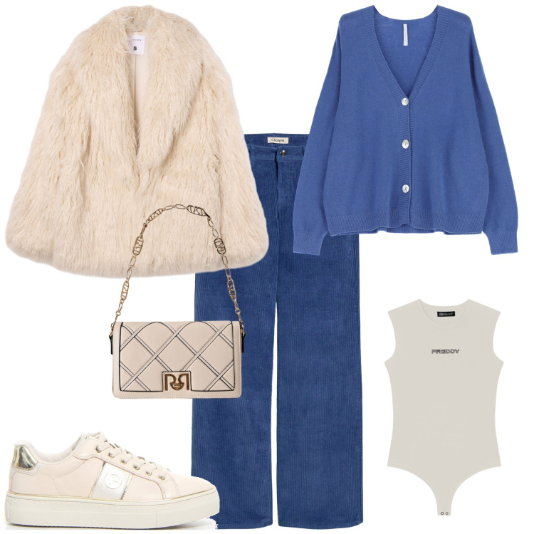 Outfit donna - Total look #2266208. Stile Casual chic per Tutti i giorni. Abbinamento con pantaloni, ecopellicce, borse a tracolla, cardigans, body, sneakers.