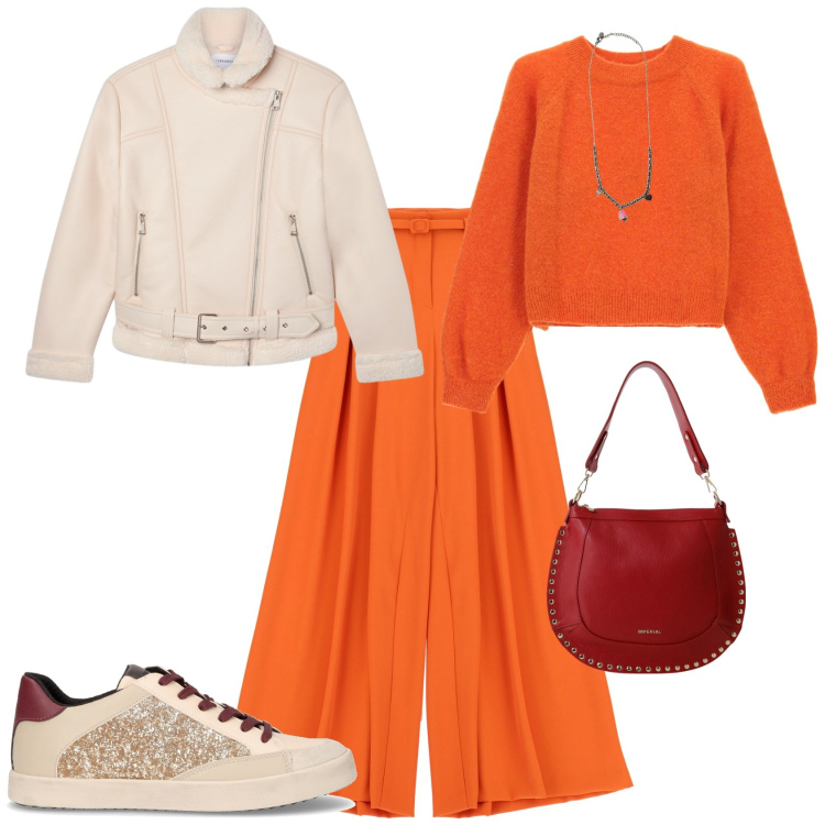 Outfit donna - Total look #2266210. Stile Trendy per Tutti i giorni. Abbinamento con bomber, ciondoli, pantaloni a palazzo, maglieria, borse a spalla, sneakers.