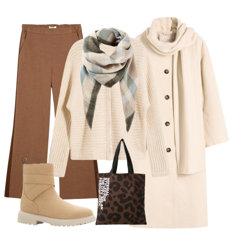 Outfit donna - No stress. Stile Casual per Tutti i giorni. Abbinamento con pantaloni, cappotti, stivaletti, sciarpe, cardigans, shopping bag.