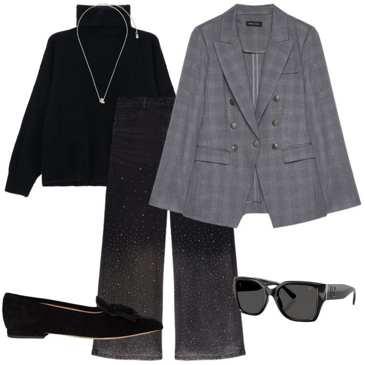 Outfit donna - La giacca di lana. Stile Casual chic per Serata fuori. Abbinamento con maglieria, ballerine, ciondoli, occhiali da sole, jeans, blazer.