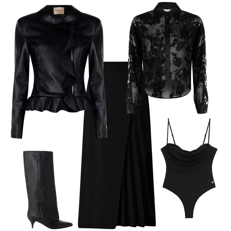 Outfit donna - Minimal chic. Stile Minimal per Serata fuori. Abbinamento con stivali, body, camicie, blazer, gonne longuette.