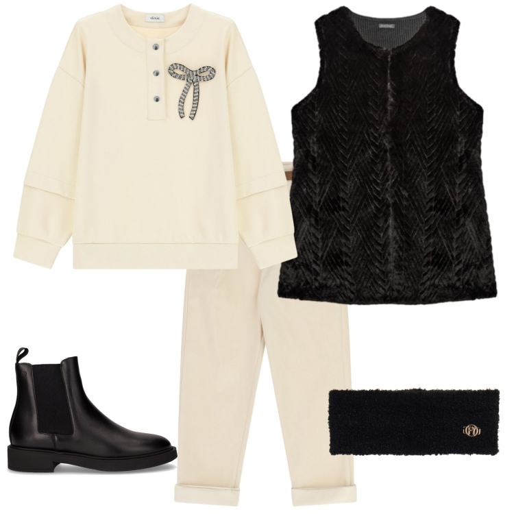 Outfit donna - Gilet ecopelliccia. Stile Casual chic per Tutti i giorni. Abbinamento con pantaloni, felpe, fasce per capelli, stivaletti, maglieria.