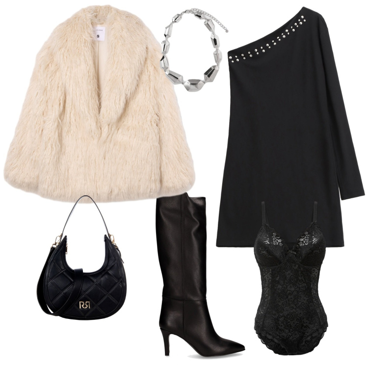 Outfit donna - Total look #2266231. Stile Chic per Serata fuori. Abbinamento con body, ecopellicce, vestiti asimmetrici, borse a tracolla, stivali, ciondoli.