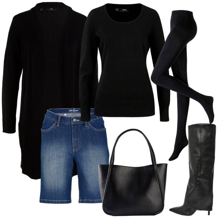 Outfit donna - Bermuda denim. Stile Basic per Tutti i giorni. Abbinamento con collant, cardigans, bermuda, shopping bag, maglieria, stivali.