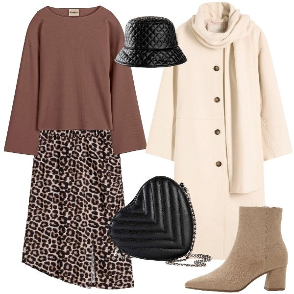 Outfit donna - autunno. Stile Romantica per Tutti i giorni. Abbinamento con cappotti, maglieria, gonne, cappelli con visiera, borse a tracolla, stivaletti.