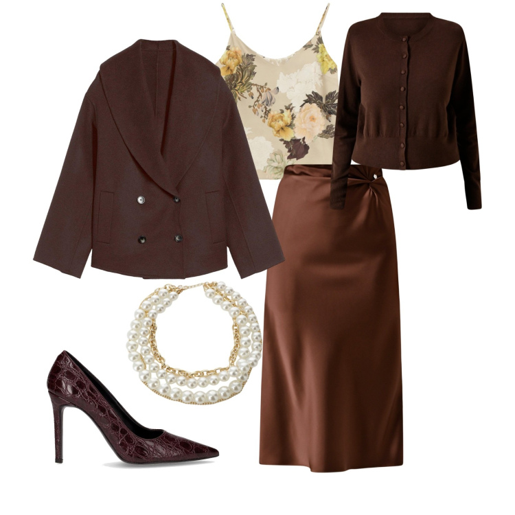 Outfit donna - Total look #2266236. Stile Bon Ton per Serata fuori. Abbinamento con caban, collane, gonne longuette, cardigans, top, décolleté.