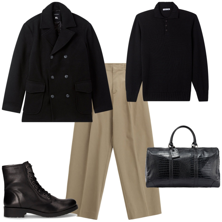 Outfit uomo - In viaggio per il week end. Stile Trendy per Tutti i giorni. Abbinamento con caban, maglieria, pantaloni, stivali e stivaletti, borse sportive.