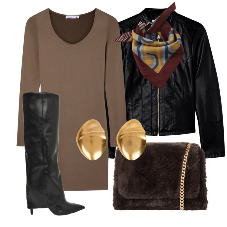 Outfit donna - Total look #2266238. Stile Casual chic per Serata fuori. Abbinamento con giacche, stivali, vestiti corti, borse a tracolla, foulard, orecchini.