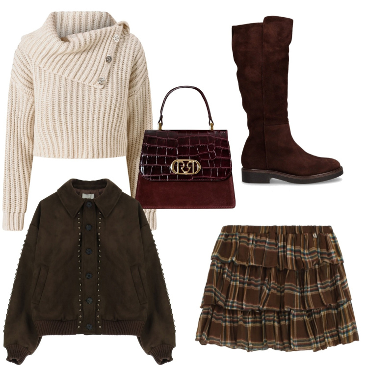 Outfit donna - Primi freddi. Stile Trendy per Serata fuori. Abbinamento con maglieria, borse a mano, bomber, minigonne, stivali.