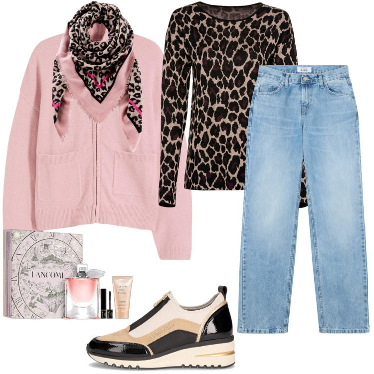 Outfit donna - Total look #2266241. Stile Casual per Tutti i giorni. Abbinamento con foulard, maglieria, cardigans, profumi, jeans dritti, sneakers alte.