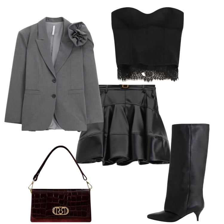 Outfit donna - Total look #2266242. Stile Glamour per Serata fuori. Abbinamento con borse a mano, top, minigonne, blazer, stivali.