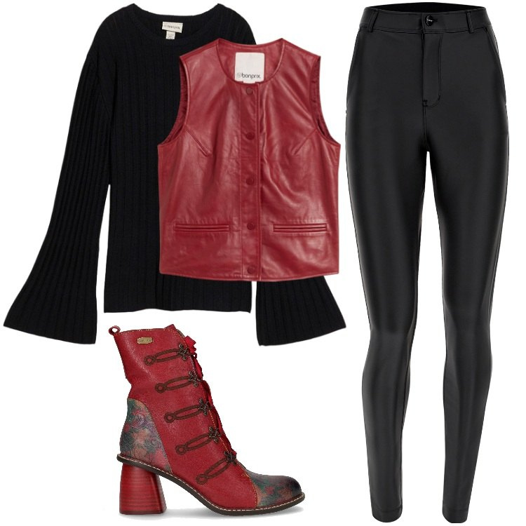 Outfit donna - Total look #2266245. Stile Boho per Serata fuori. Abbinamento con gilet, maglieria, pantaloni skinny, stivaletti.