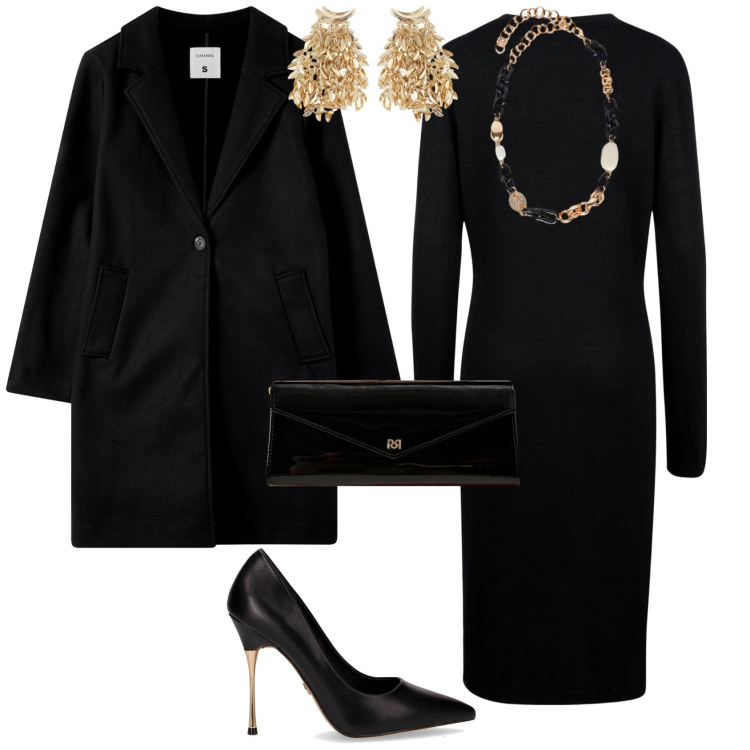 Outfit donna - Minimal chic. Stile Minimal per Serata fuori. Abbinamento con cappotti, orecchini, pochette, vestiti midi/longuette, collane, décolleté.