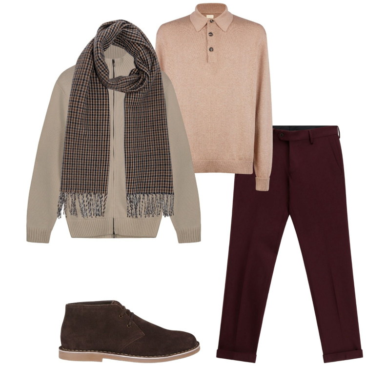 Outfit uomo - Total look #2266248. Stile Casual per Ufficio. Abbinamento con pantaloni, stivali e stivaletti, polo, sciarpe, cardigans.