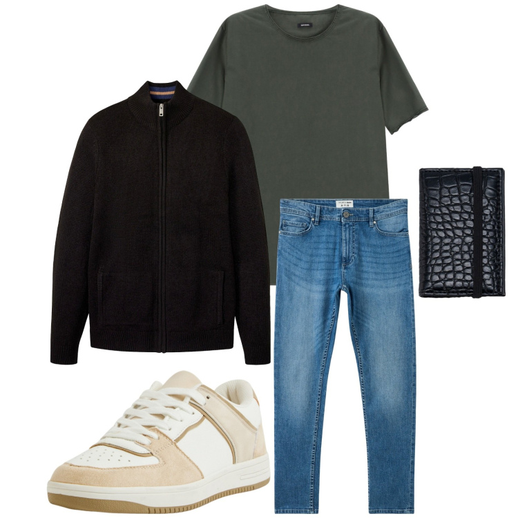 Outfit uomo - Total look #2266250. Stile Casual per Tutti i giorni. Abbinamento con cardigans, jeans skinny, sneakers, t-shirt, portafogli.