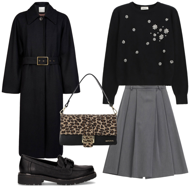 Outfit donna - Il nero con la gonna grigia. Stile Basic per Tutti i giorni. Abbinamento con maglieria, pantaloni, borse a spalla, cappotti, mocassini.