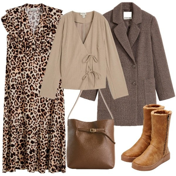 Outfit donna - abito maculato. Stile Casual per Tutti i giorni. Abbinamento con bluse, vestiti midi/longuette, cappotti, stivali, borse a mano.
