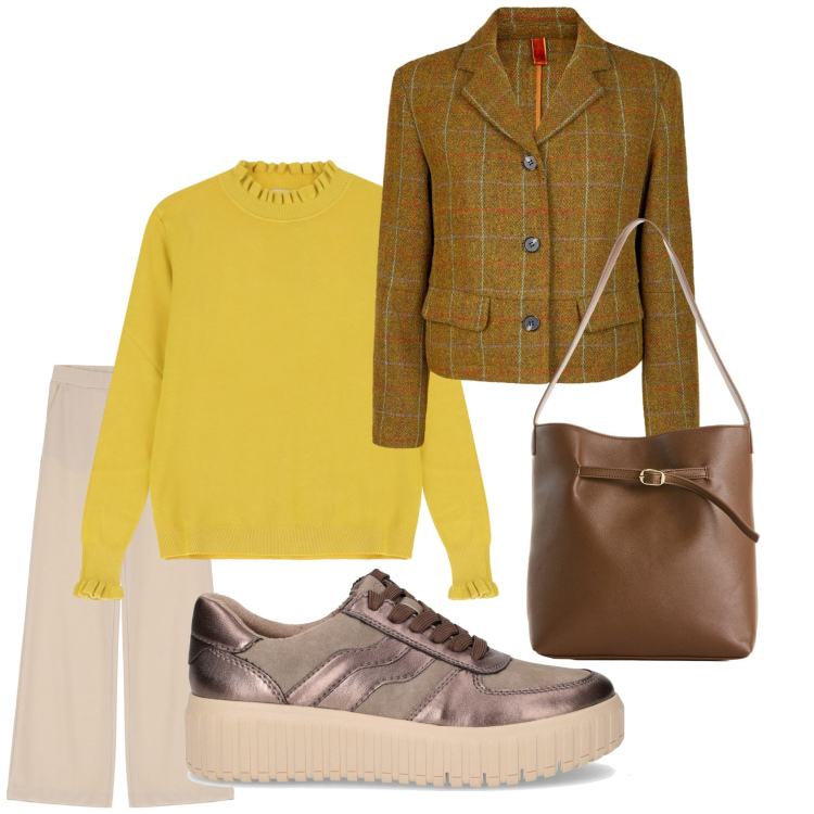 Outfit donna - Camminando fra le foglie. Stile Chic per Tutti i giorni. Abbinamento con borse a mano, maglieria, pantaloni, sneakers, blazer.