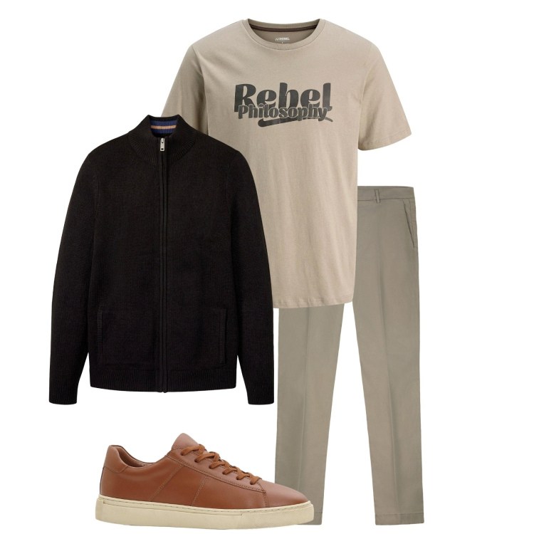 Outfit uomo - Total look #2266258. Stile Casual per Tutti i giorni. Abbinamento con cardigans, t-shirt, sneakers, pantaloni chino.