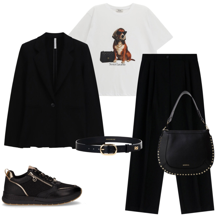 Outfit donna - Tailleur casual. Stile Casual chic per Tutti i giorni. Abbinamento con cinture, pantaloni a palazzo, borse a spalla, blazer, t-shirt, sneakers.