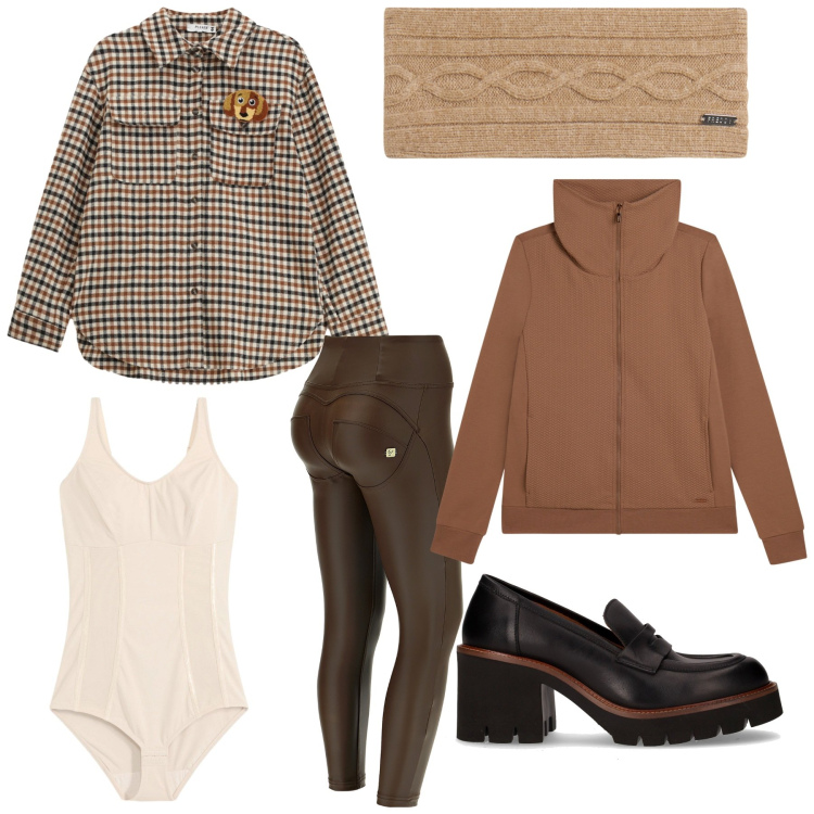 Outfit donna - I colori dell\'autunno. Stile Casual per Tutti i giorni. Abbinamento con body, camicie, pantaloni skinny, accessori per capelli, felpe, décolleté.