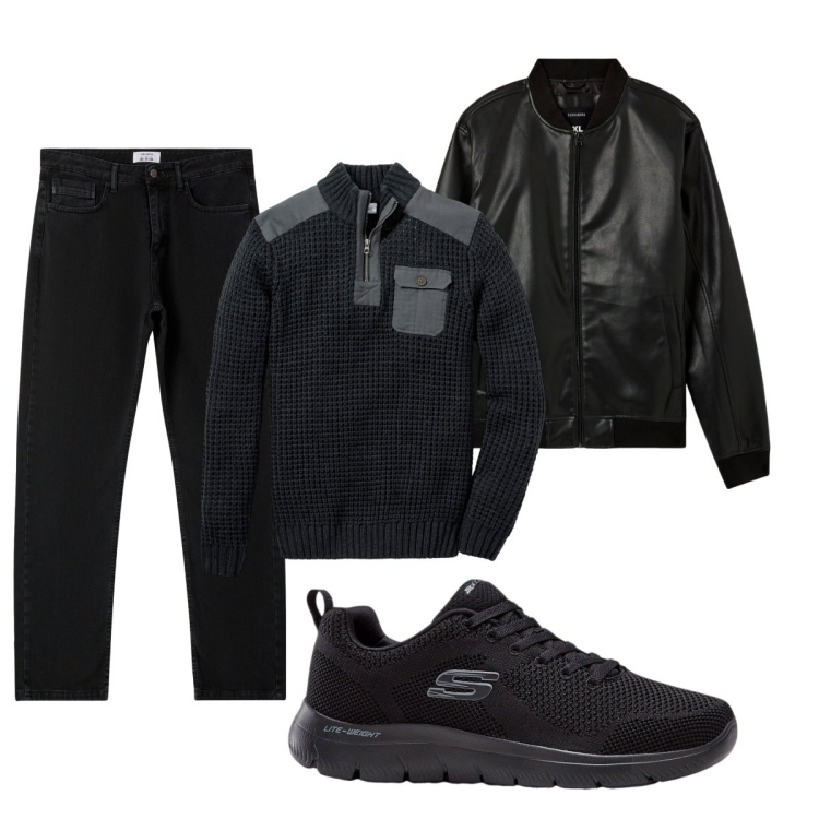 Outfit uomo - Total black. Stile Trendy per Tutti i giorni. Abbinamento con maglieria, sneakers, bomber, jeans dritti.