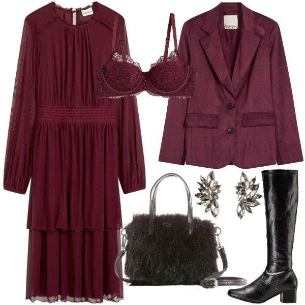 Outfit donna - abito bordeaux. Stile Chic per Cerimonia. Abbinamento con vestiti, blazer, stivali, borse a mano, reggiseni, orecchini.