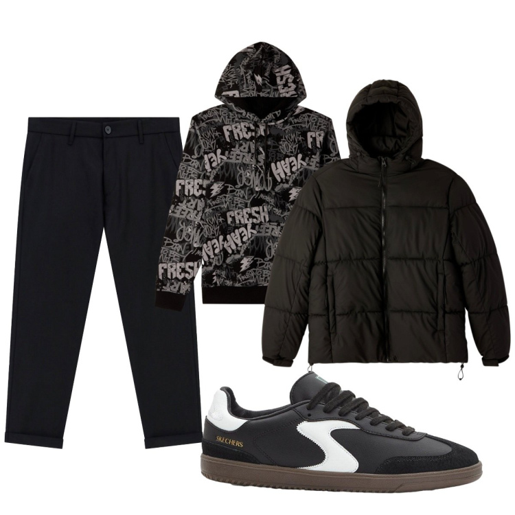 Outfit uomo - Total look #2266269. Stile Casual per Tutti i giorni. Abbinamento con sneakers, felpe con cappuccio, bomber, pantaloni.