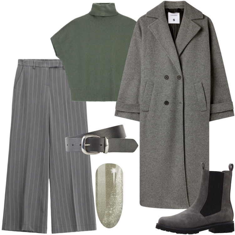 Outfit donna - Grigio e verde algae. Stile Casual chic per Ufficio. Abbinamento con cinture, stivaletti chelsea, smalti, cappotti, pantaloni a palazzo, maglieria.