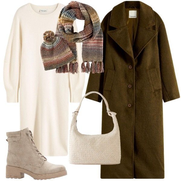 Outfit donna - bianco e marrone. Stile Urban per Tutti i giorni. Abbinamento con vestiti, cappotti, stivaletti, sciarpe, shopping bag.