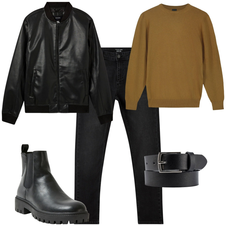 Outfit uomo - Total look #2266276. Stile Trendy per Serata speciale. Abbinamento con bomber, stivali e stivaletti, jeans skinny, cinture, maglieria.