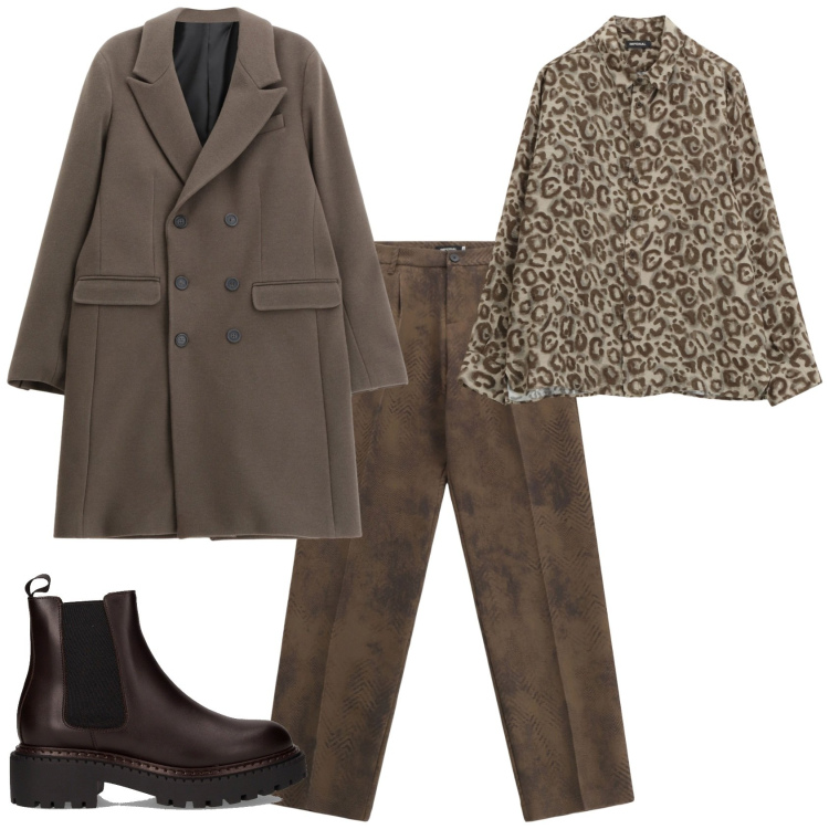 Outfit uomo - Camicia animalier pantaloni similpelle. Stile Business/Elegante per Serata speciale. Abbinamento con pantaloni, camicie, cappotti, stivali e stivaletti.