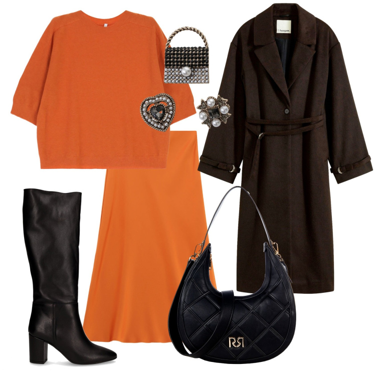 Outfit donna - Total look arancio & marrone. Stile Chic per Serata fuori. Abbinamento con cappotti, borse a tracolla, gonne longuette, maglieria, accessori per capelli, stivali.