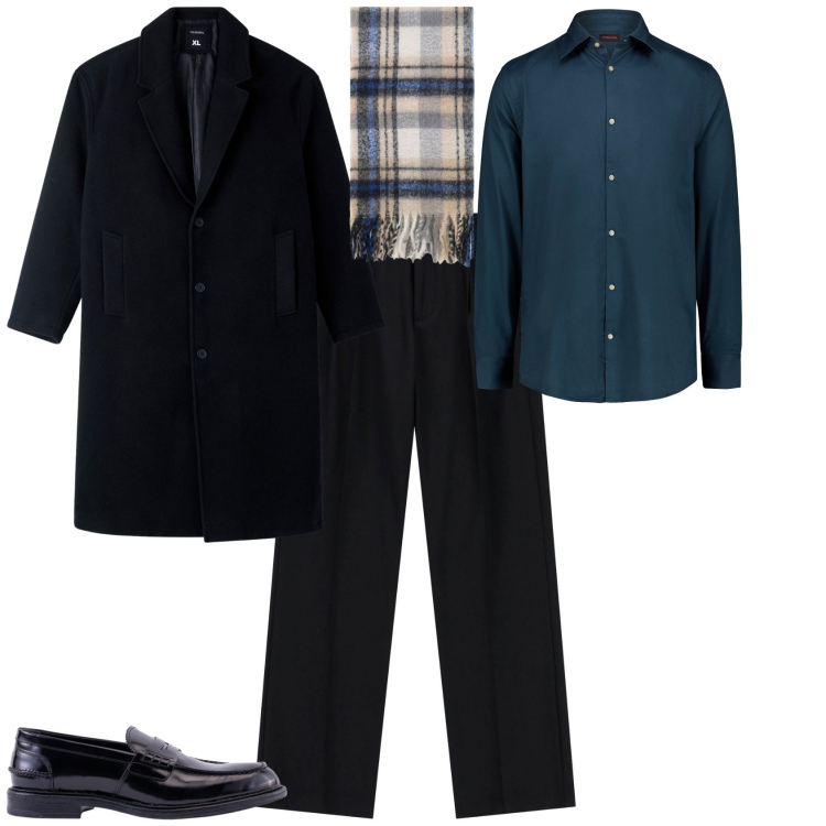 Outfit uomo - Nero e ottanio. Stile Business/Elegante per Serata speciale. Abbinamento con cappotti, pantaloni, sciarpe, scarpe stringate, camicie.