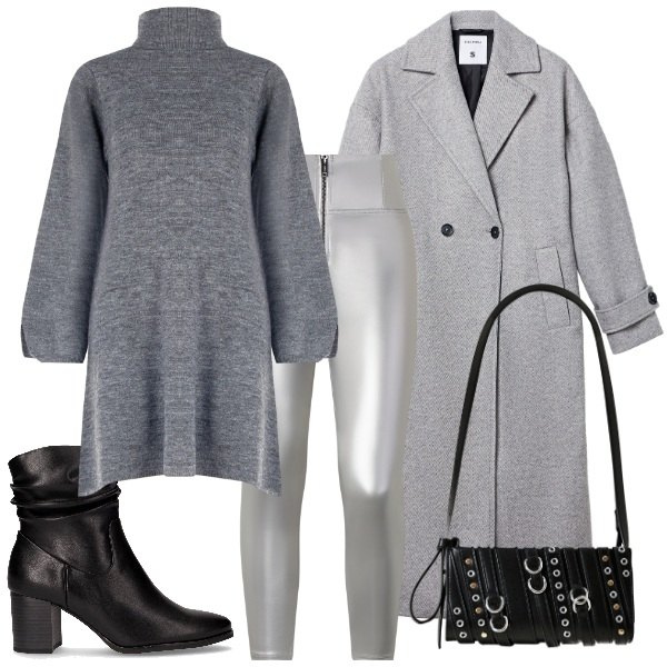 Outfit donna - signor grigio. Stile Casual per Tutti i giorni. Abbinamento con cappotti, vestiti corti, borse a spalla, pantaloni skinny, stivaletti.